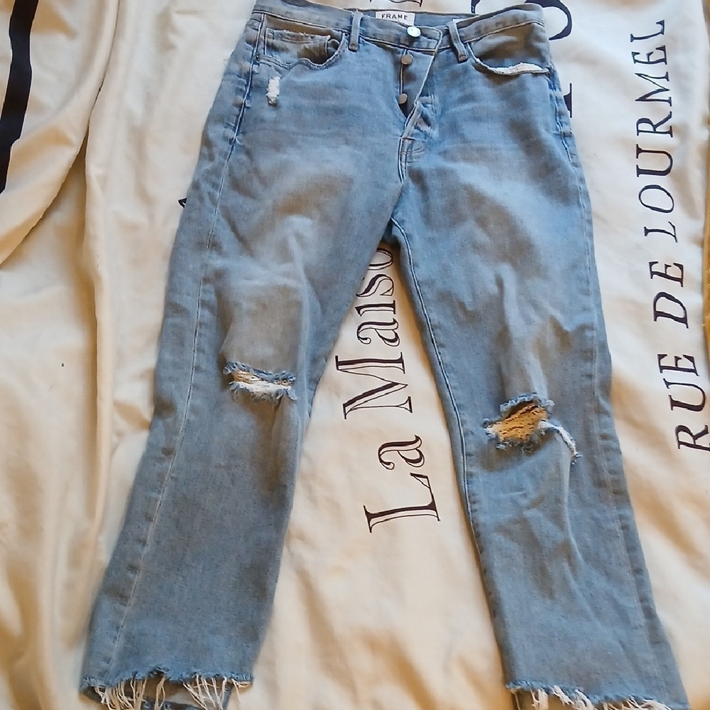 Frame Denim Light Wash Distressed Straight-Leg Jeans, Ankle Length